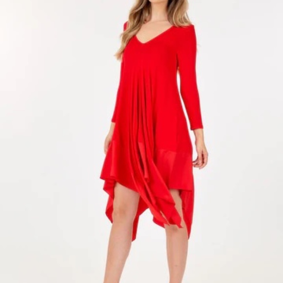 Long Sleeve V Neck Tunic Shark Bite Edging Dress Red - Picture 2 of 4